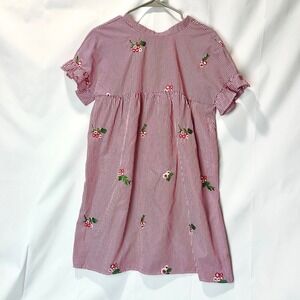 Womens Striped Summer Dress Short Floral Embroidery Ruffle Sleeve Red Size M
